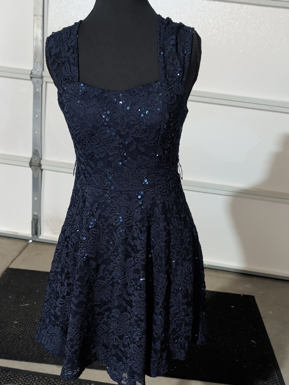 Navy Lace Sequin Fit & Flare Dress